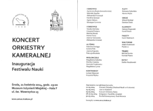 1st flute, Festival of Science and Art in Krakow 2014, Concert by the Chamber Orchestra of the Academy of Music in Kracow - Poland, Maestro Maciej Tworek 2014